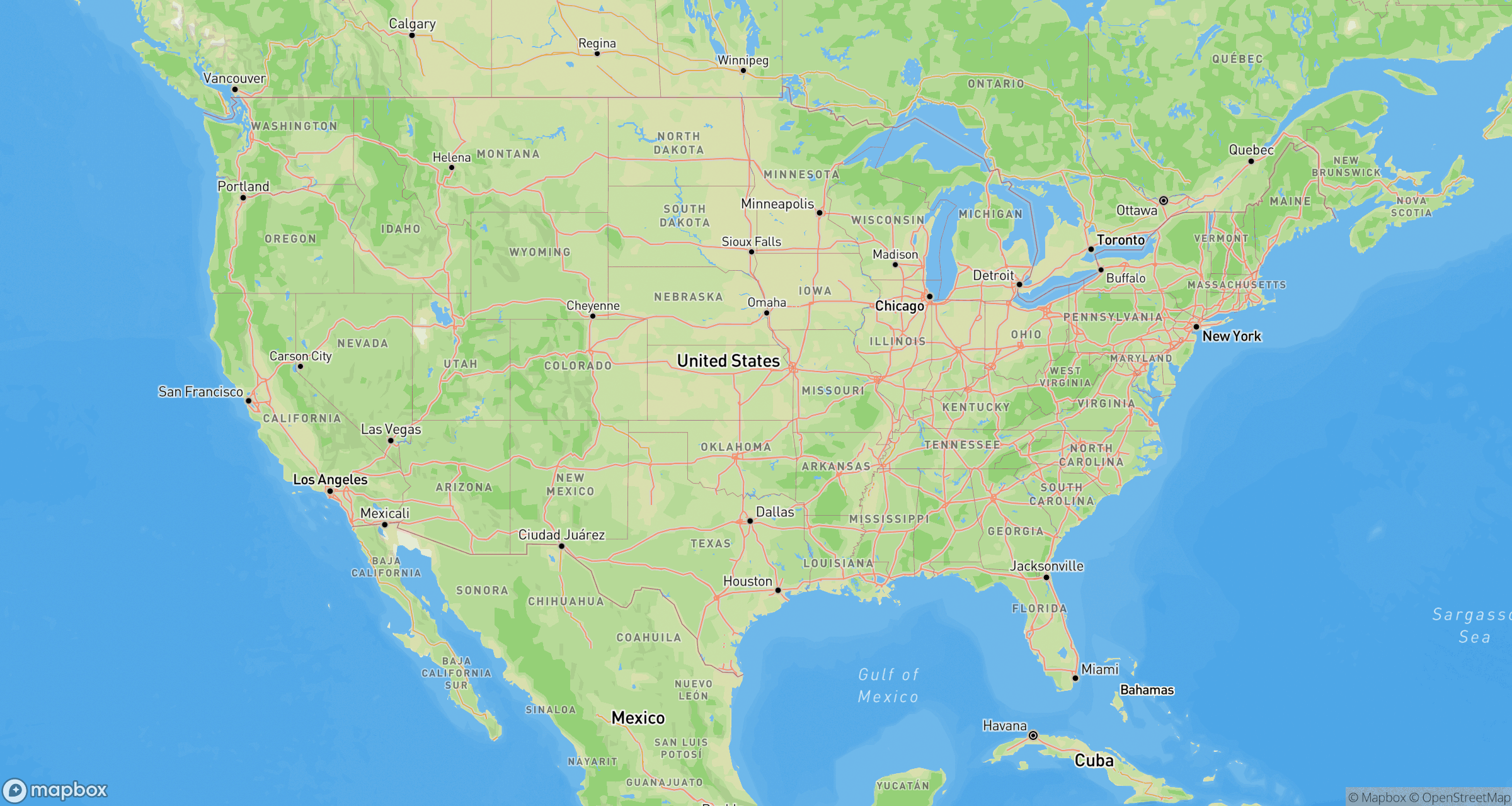 Color Mapbox map of the United States with enhanced PlaceGap for Fitness metro areas marked.